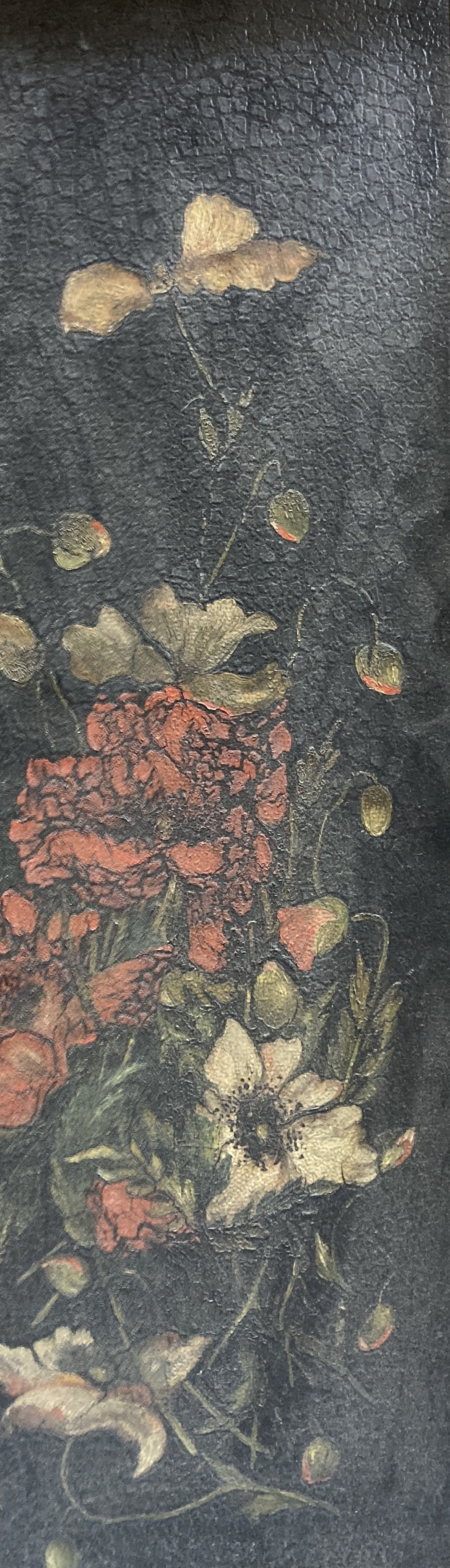 English School c.1900, a pair of oil on leather?, Still lifes of lilies and poppies, 52 x 17cm